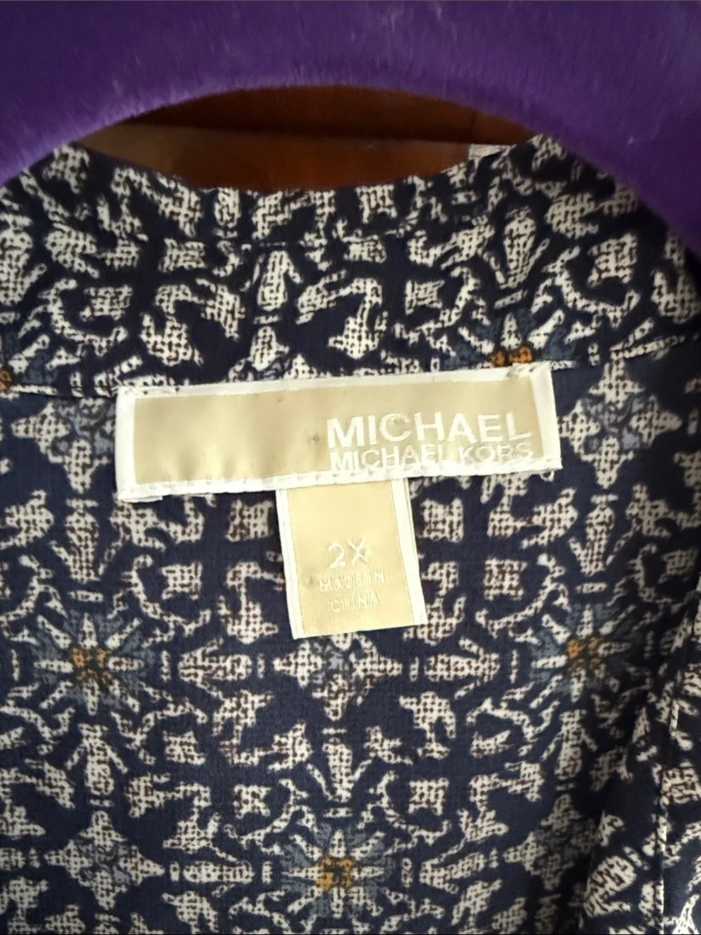 Michael Kors Navy and White Printed Zip-Front Blouse